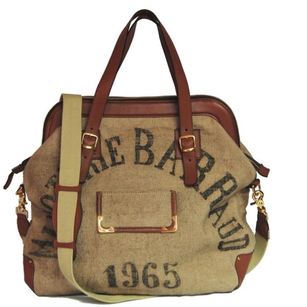 Canvas Tote Shoulder Bag with Brown Leather Trim - Tan